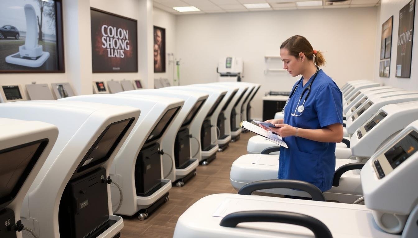 Profesional evaluando diferentes modelos de camas para hidroterapia de colon Profesional evaluando diferentes modelos de camas para hidroterapia de colon