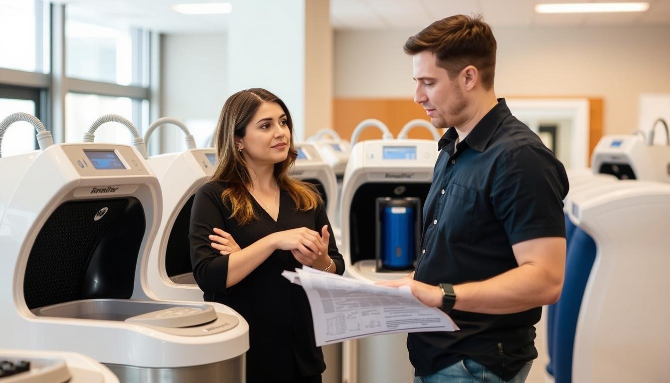 Profesional evaluando diferentes modelos de equipos de hidroterapia de colon Profesional evaluando diferentes modelos de equipos de hidroterapia de colon