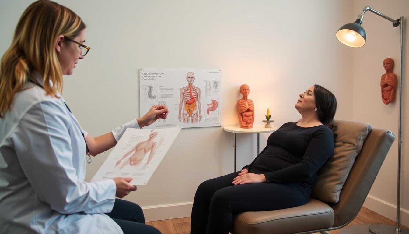 Profesional explicando el procedimiento de hidroterapia de colon a un cliente Profesional explicando el procedimiento de hidroterapia de colon a un cliente