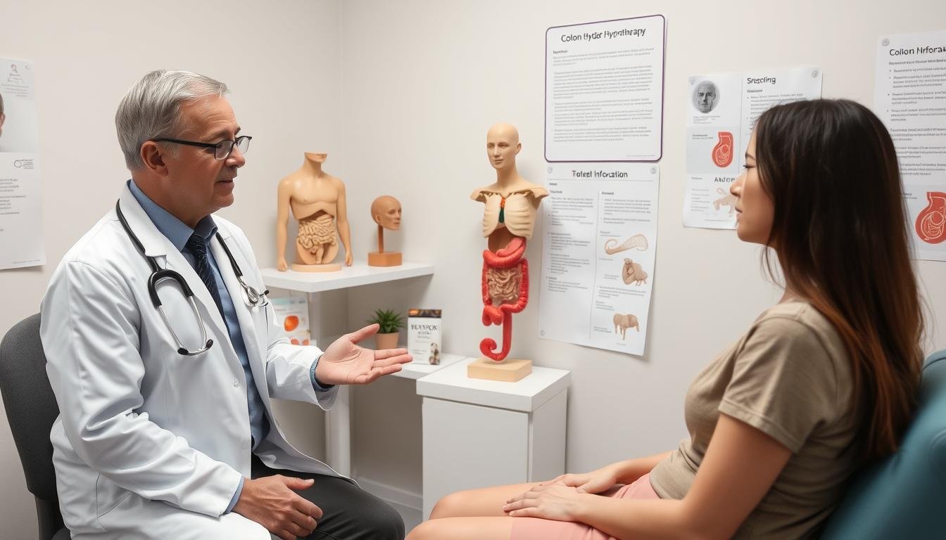Profesional médico explicando el procedimiento de Hidroterapia de Colon a un paciente Profesional médico explicando el procedimiento de Hidroterapia de Colon a un paciente