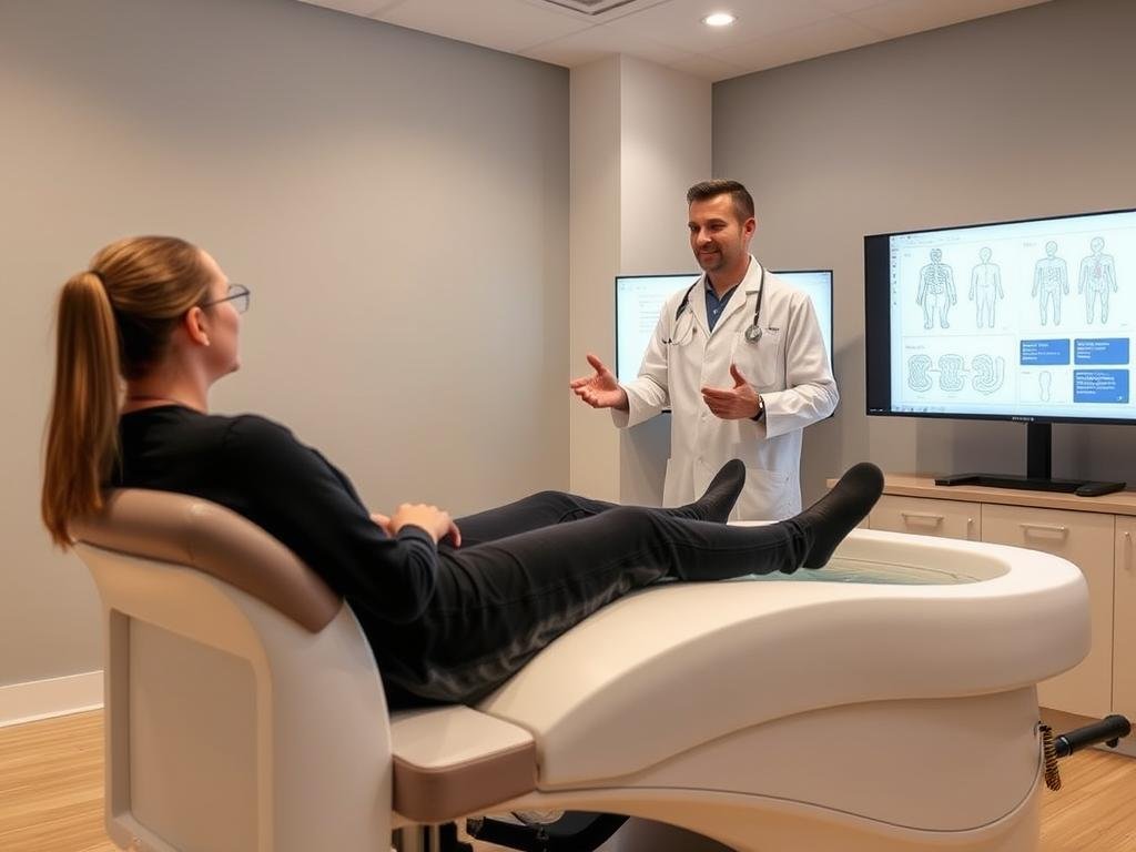 Profesional médico explicando los beneficios de una cama para hidroterapia de colon a un cliente Profesional médico explicando los beneficios de una cama para hidroterapia de colon a un cliente