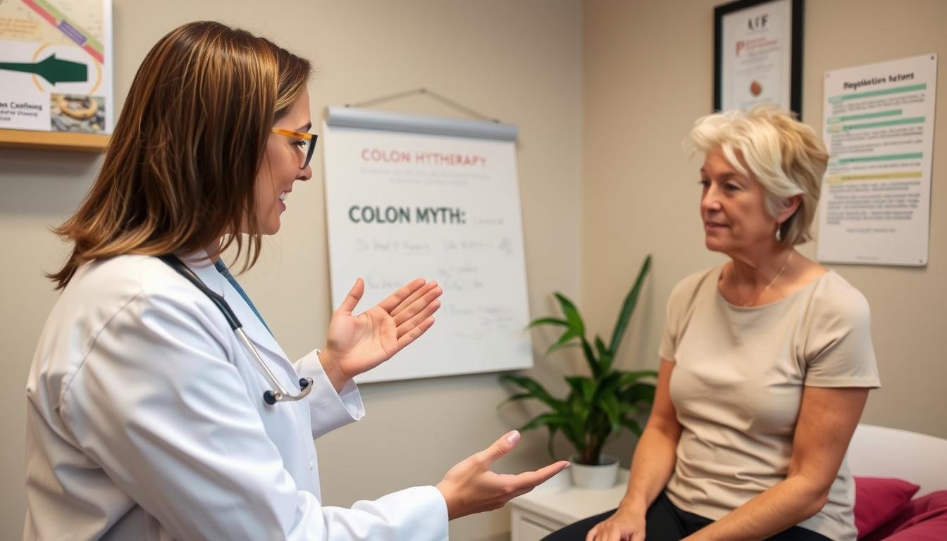 Profesional médico explicando los mitos sobre la hidroterapia de colon a un cliente Profesional médico explicando los mitos sobre la hidroterapia de colon a un cliente