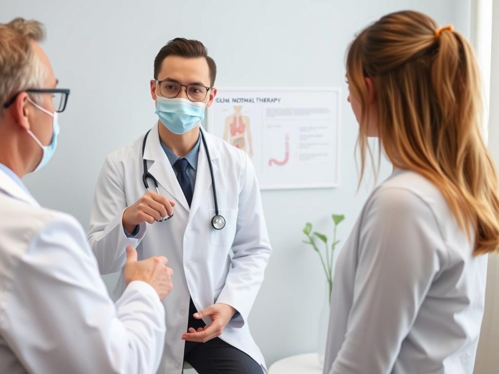 Profesional médico explicando precauciones sobre máquina para hidroterapia de colon Profesional médico explicando precauciones sobre máquina para hidroterapia de colon