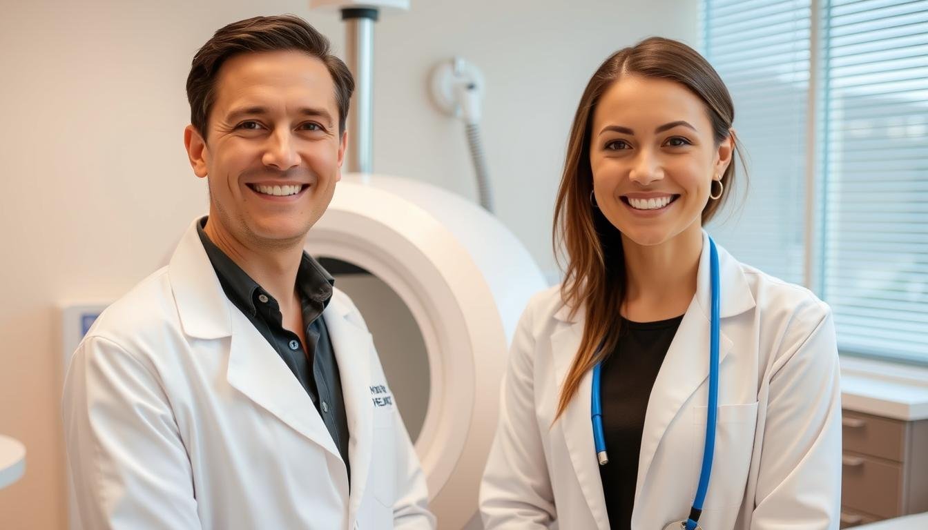 Profesional médico junto a una máquina para hidroterapia de colon moderna Profesional médico junto a una máquina para hidroterapia de colon moderna