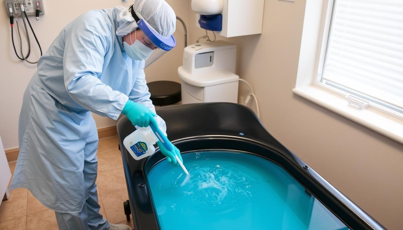 Profesional realizando limpieza diaria de una cama para hidroterapia de colon Profesional realizando limpieza diaria de una cama para hidroterapia de colon