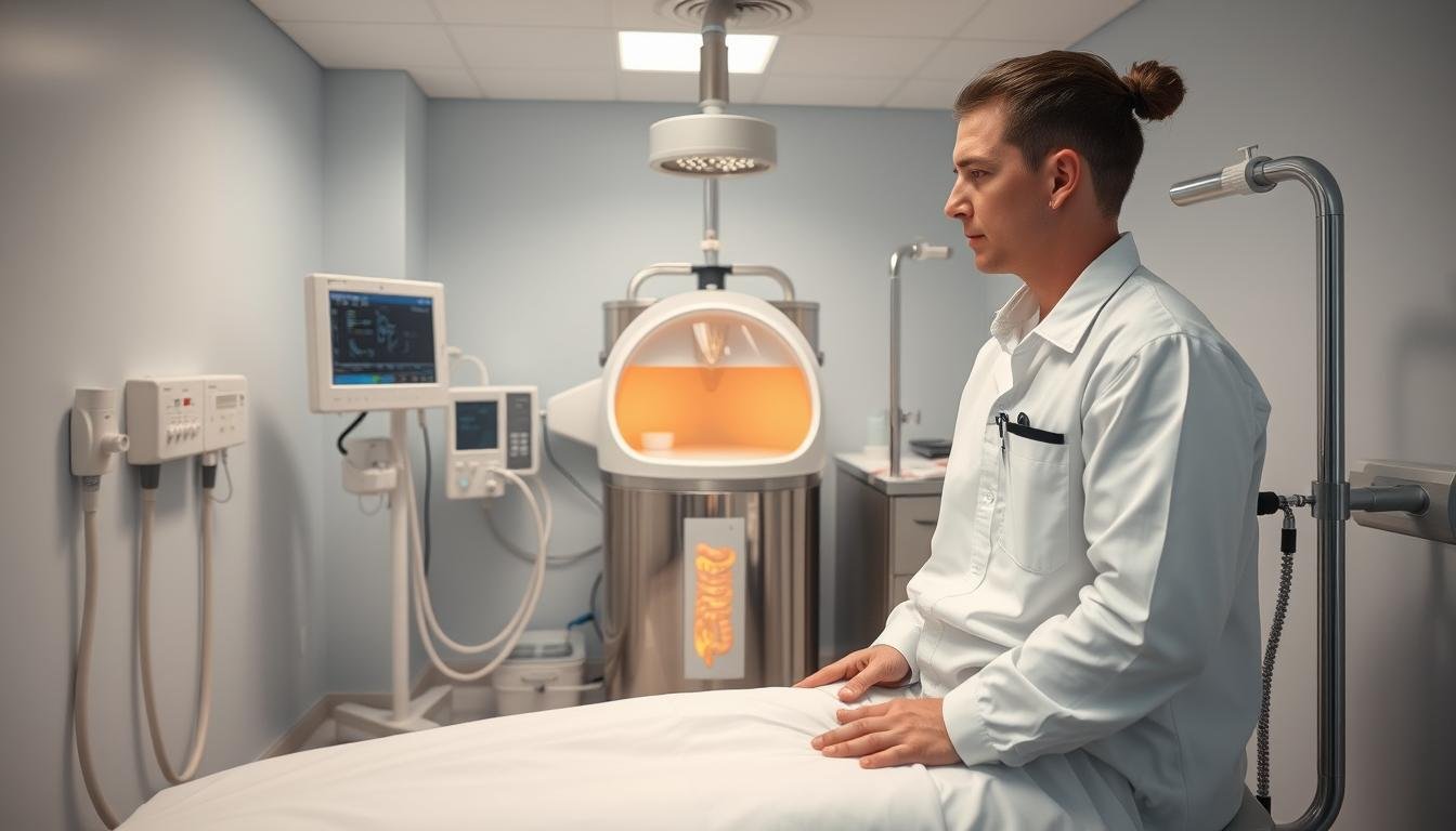 Profesional realizando una sesión de hidroterapia de colon con equipo moderno