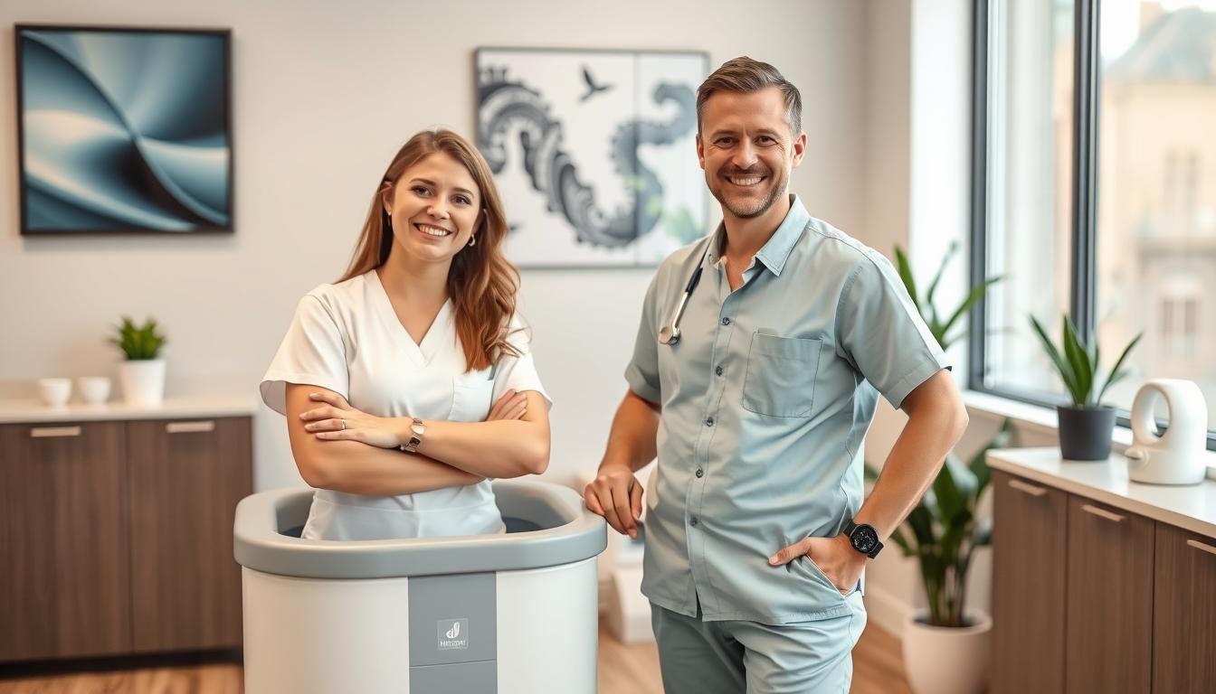 Profesional satisfecho con su máquina para hidroterapia de colon portátil