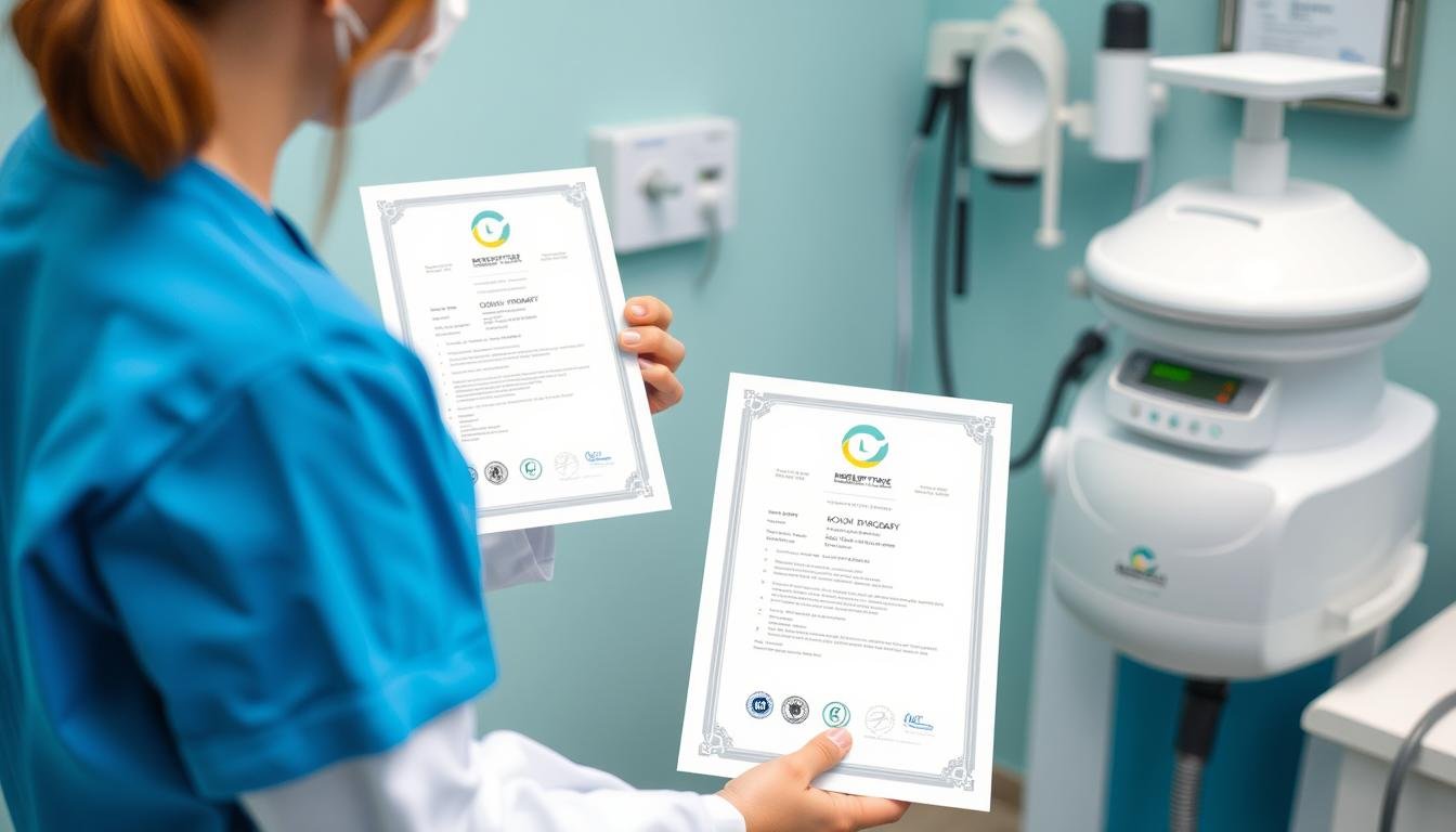 Profesional verificando certificaciones en una cama para hidroterapia de colon Profesional verificando certificaciones en una cama para hidroterapia de colon