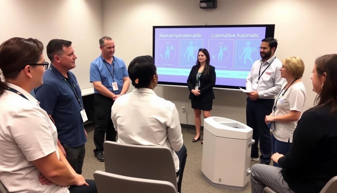Profesionales de la salud discutiendo sobre equipos de hidroterapia de colon