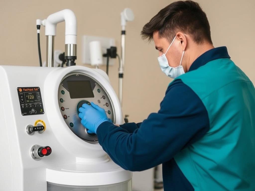 Técnico realizando mantenimiento a máquina para hidroterapia de colon Técnico realizando mantenimiento a máquina para hidroterapia de colon