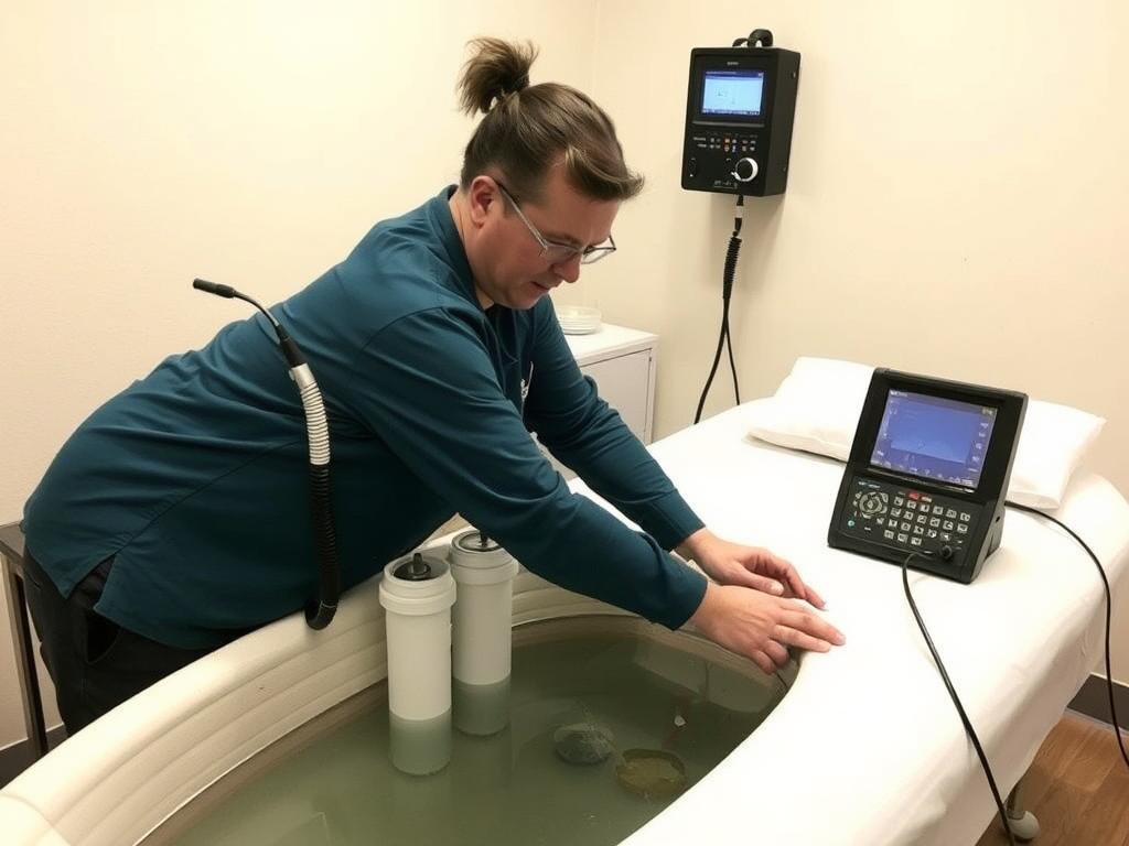 Técnico realizando mantenimiento a una cama para hidroterapia de colon Técnico realizando mantenimiento a una cama para hidroterapia de colon