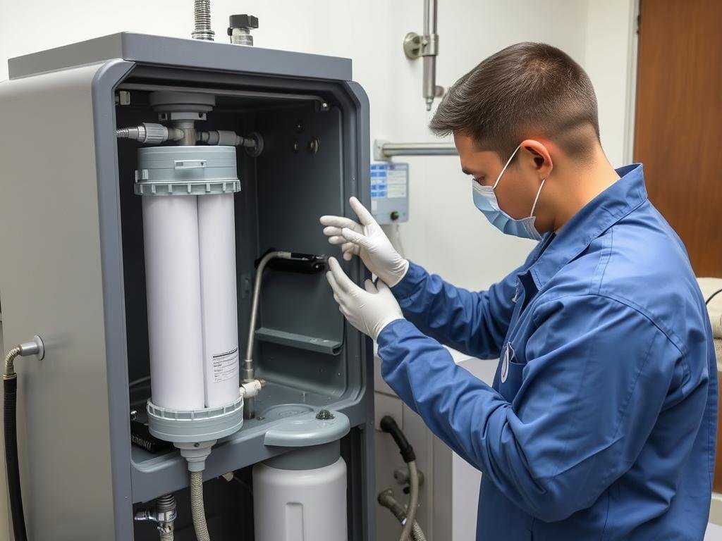 Técnico realizando mantenimiento a una máquina de hidroterapia de colon Técnico realizando mantenimiento a una máquina de hidroterapia de colon