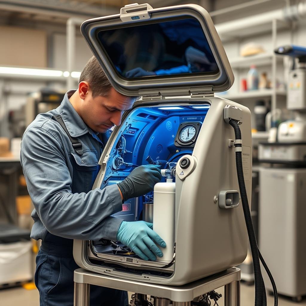 Técnico realizando mantenimiento a una máquina para hidroterapia de colon