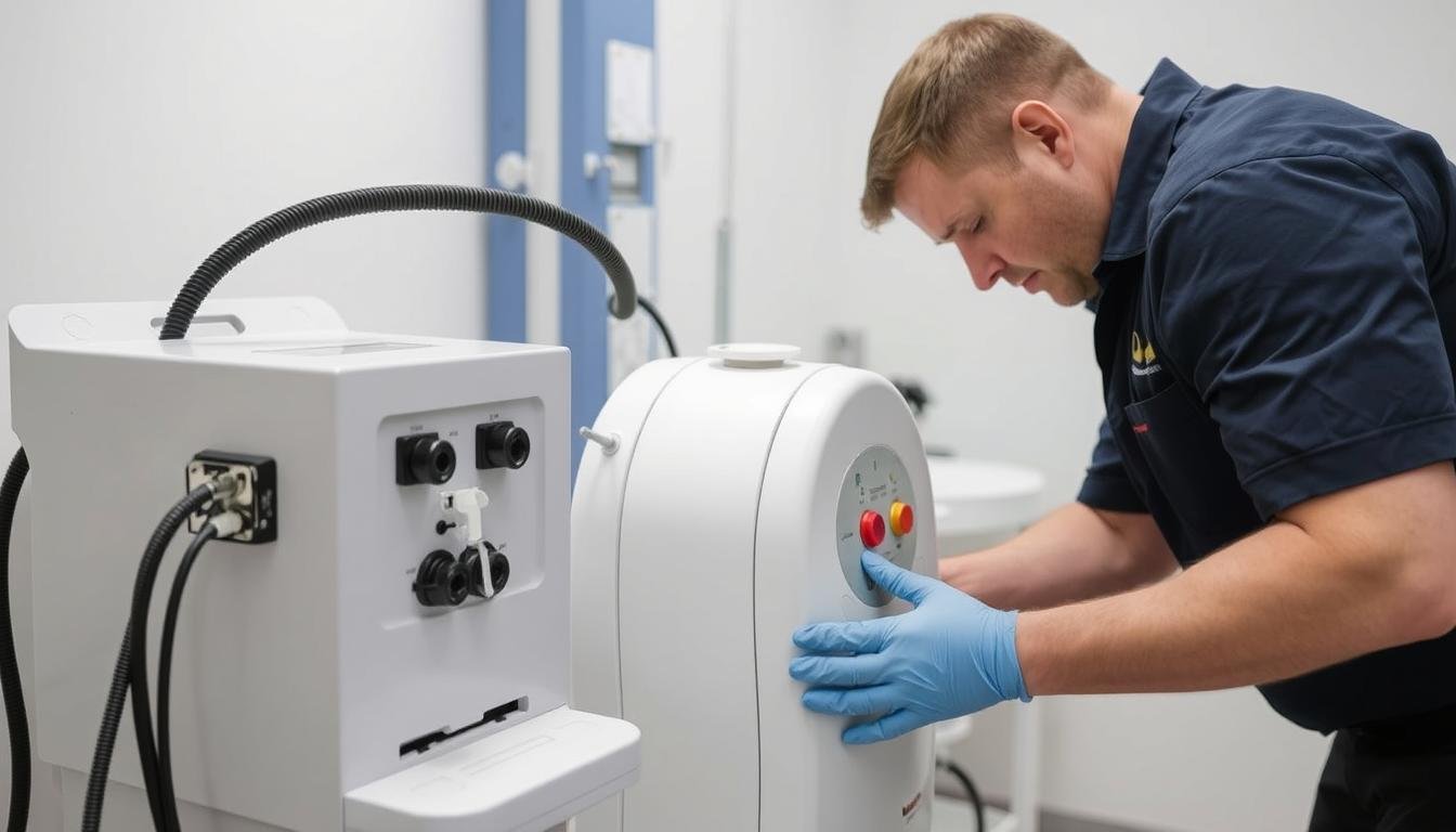 Técnico realizando mantenimiento preventivo a una Máquina para Hidroterapia de Colon Técnico realizando mantenimiento preventivo a una Máquina para Hidroterapia de Colon