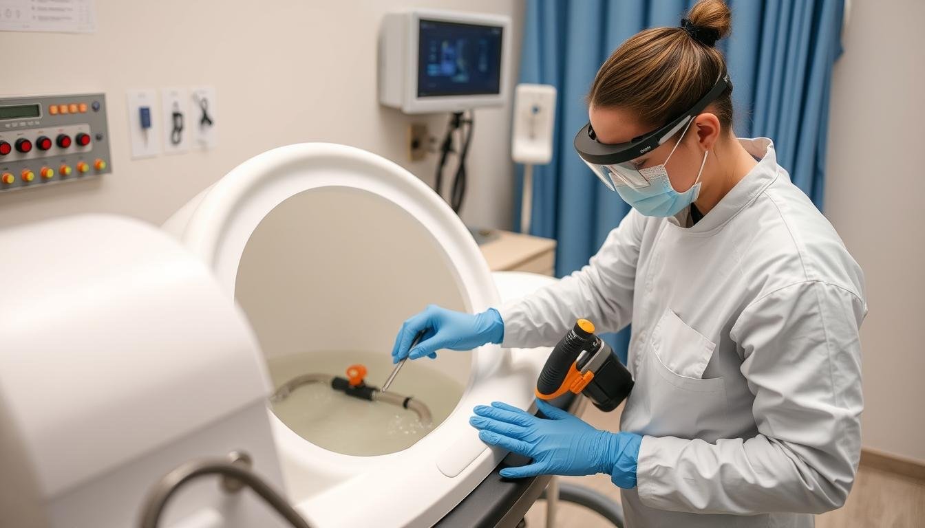 Técnico realizando mantenimiento preventivo en cama para hidroterapia de colon Técnico realizando mantenimiento preventivo en cama para hidroterapia de colon