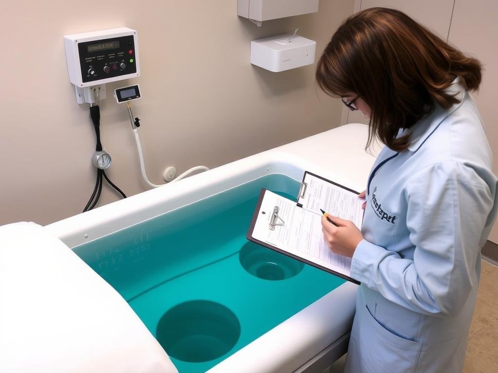Técnico realizando pruebas post-instalación en una cama para hidroterapia de colon