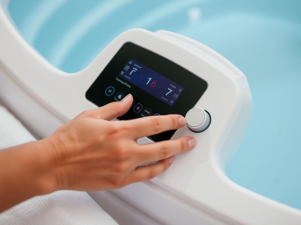 Terapeuta ajustando los controles de una cama para hidroterapia de colon