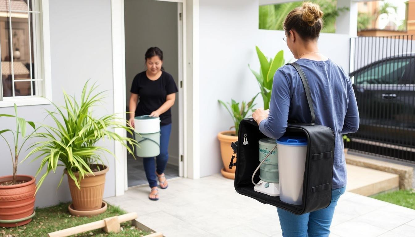 Terapeuta independiente ofreciendo hidroterapia de colon a domicilio con equipo portátil