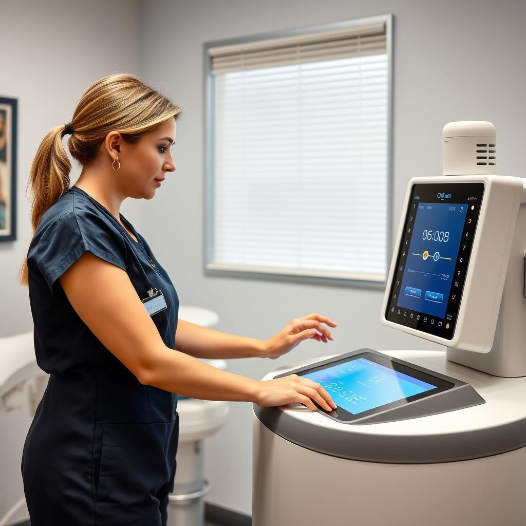 Fase de preparación del equipo y paciente para hidroterapia de colon Terapeuta profesional operando una máquina de hidroterapia de colon