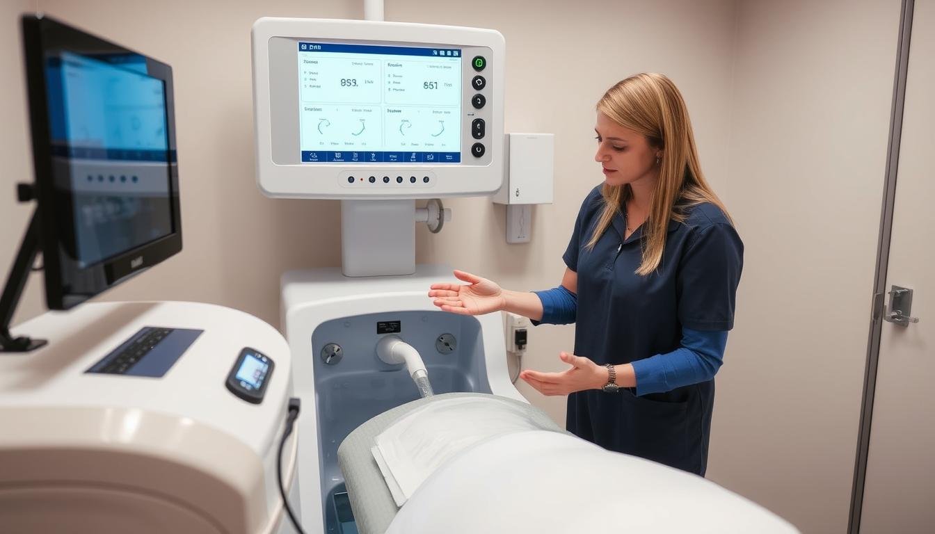 Terapeuta realizando hidroterapia de colon con equipo automático