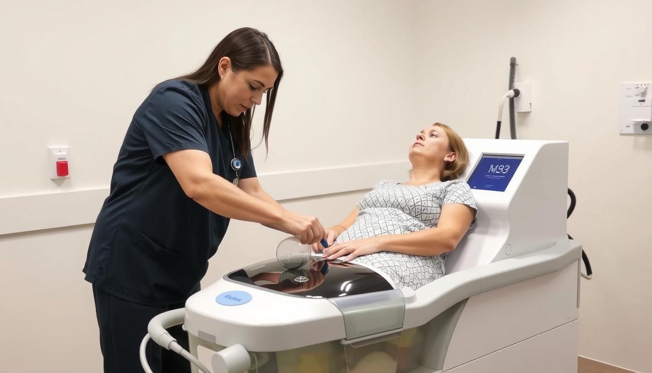 Terapeuta utilizando máquina profesional para hidroterapia de colon Terapeuta utilizando máquina profesional para hidroterapia de colon