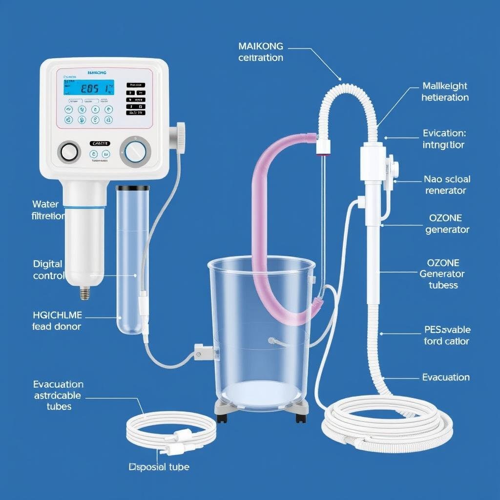 Componentes de una máquina para hidroterapia de colon con etiquetas explicativas Componentes de una máquina para hidroterapia de colon con etiquetas explicativas