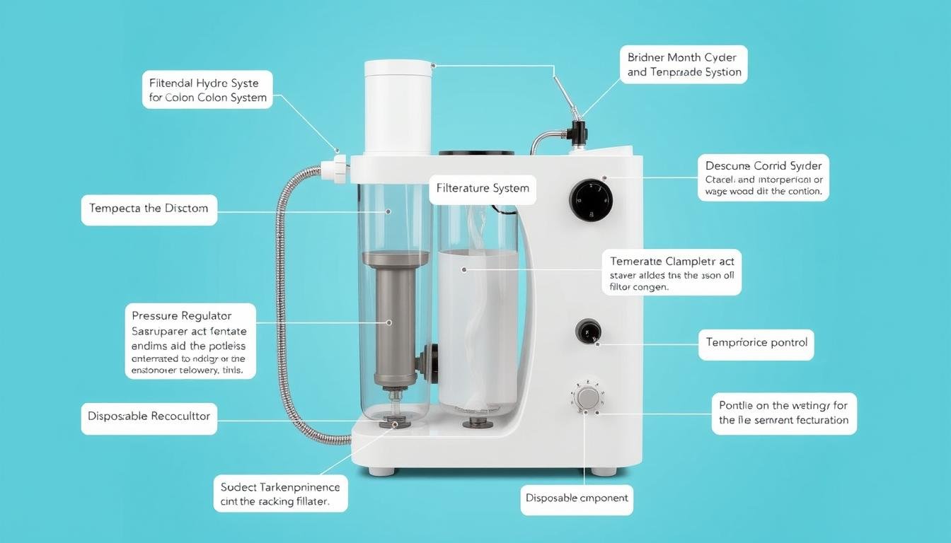 Componentes principales de una máquina de hidroterapia de colon con etiquetas explicativas Componentes principales de una máquina de hidroterapia de colon con etiquetas explicativas