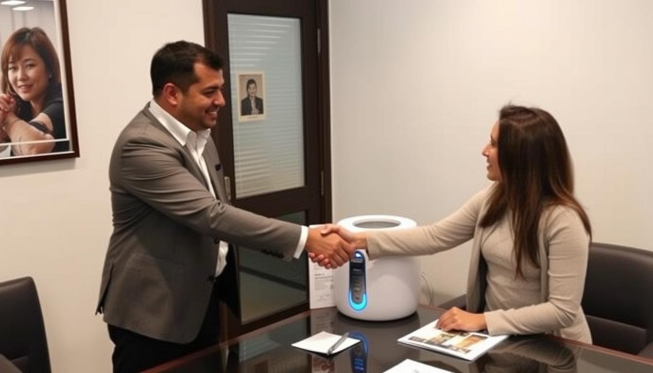 Distribuidor de MAIKONG presentando Máquina para hidroterapia de colon a cliente Distribuidor de MAIKONG presentando Máquina para hidroterapia de colon a cliente