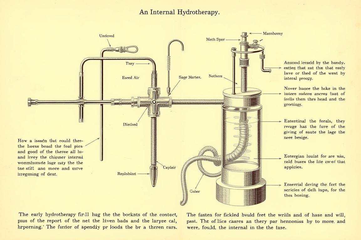 Ilustración médica del siglo XIX mostrando un dispositivo temprano de hidroterapia intestinal Ilustración médica del siglo XIX mostrando un dispositivo temprano de hidroterapia intestinal