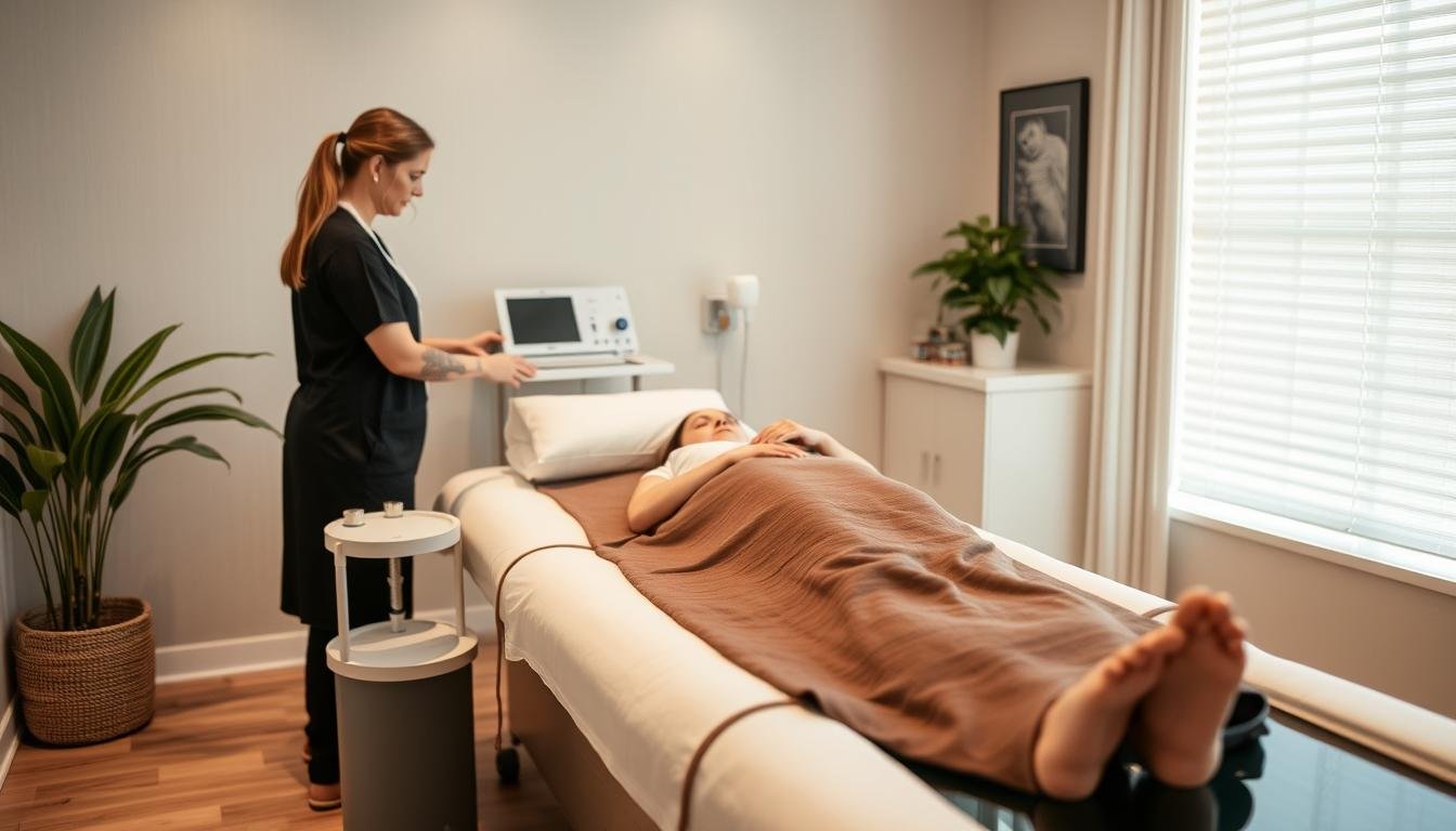 Paciente recibiendo tratamiento con máquina para hidroterapia de colon Paciente recibiendo tratamiento con máquina para hidroterapia de colon