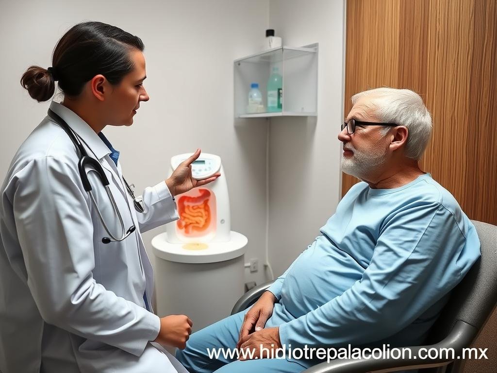 Paciente recibiendo tratamiento con máquina para hidroterapia de colon para síndrome de colon irritable Paciente recibiendo tratamiento con máquina para hidroterapia de colon para síndrome de colon irritable
