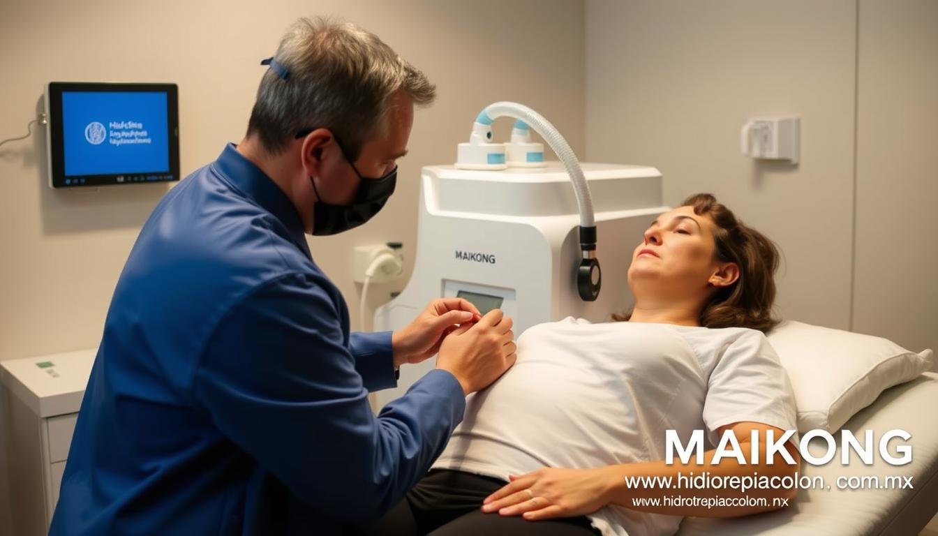 Paciente recibiendo tratamiento con máquina para hidroterapia de colon Paciente recibiendo tratamiento con máquina para hidroterapia de colon
