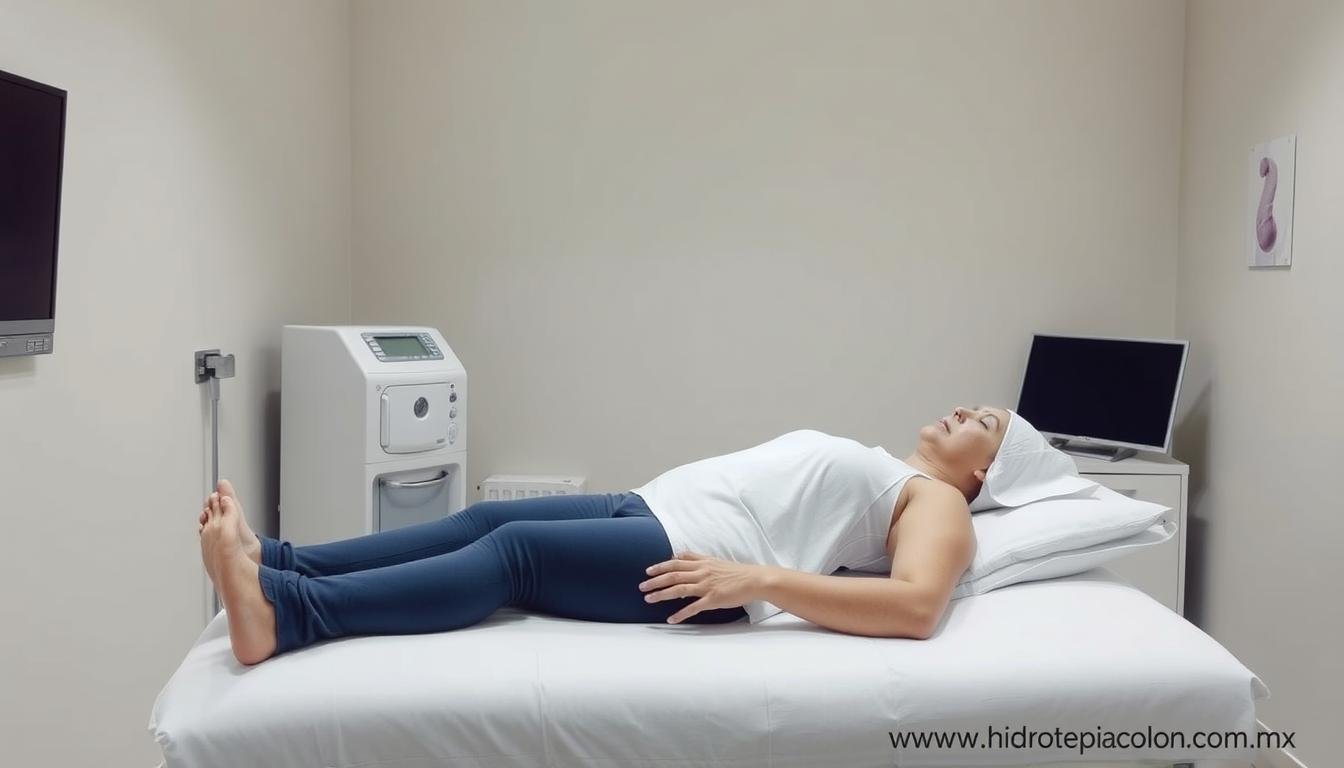 Paciente recibiendo tratamiento de hidroterapia de colon de forma cómoda Paciente recibiendo tratamiento de hidroterapia de colon de forma cómoda