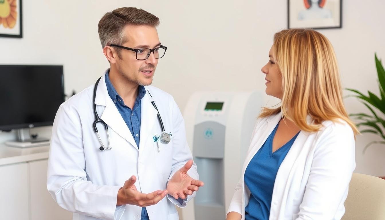 Profesional de la salud explicando los beneficios de la máquina para hidroterapia de colon a un paciente Profesional de la salud explicando los beneficios de la máquina para hidroterapia de colon a un paciente