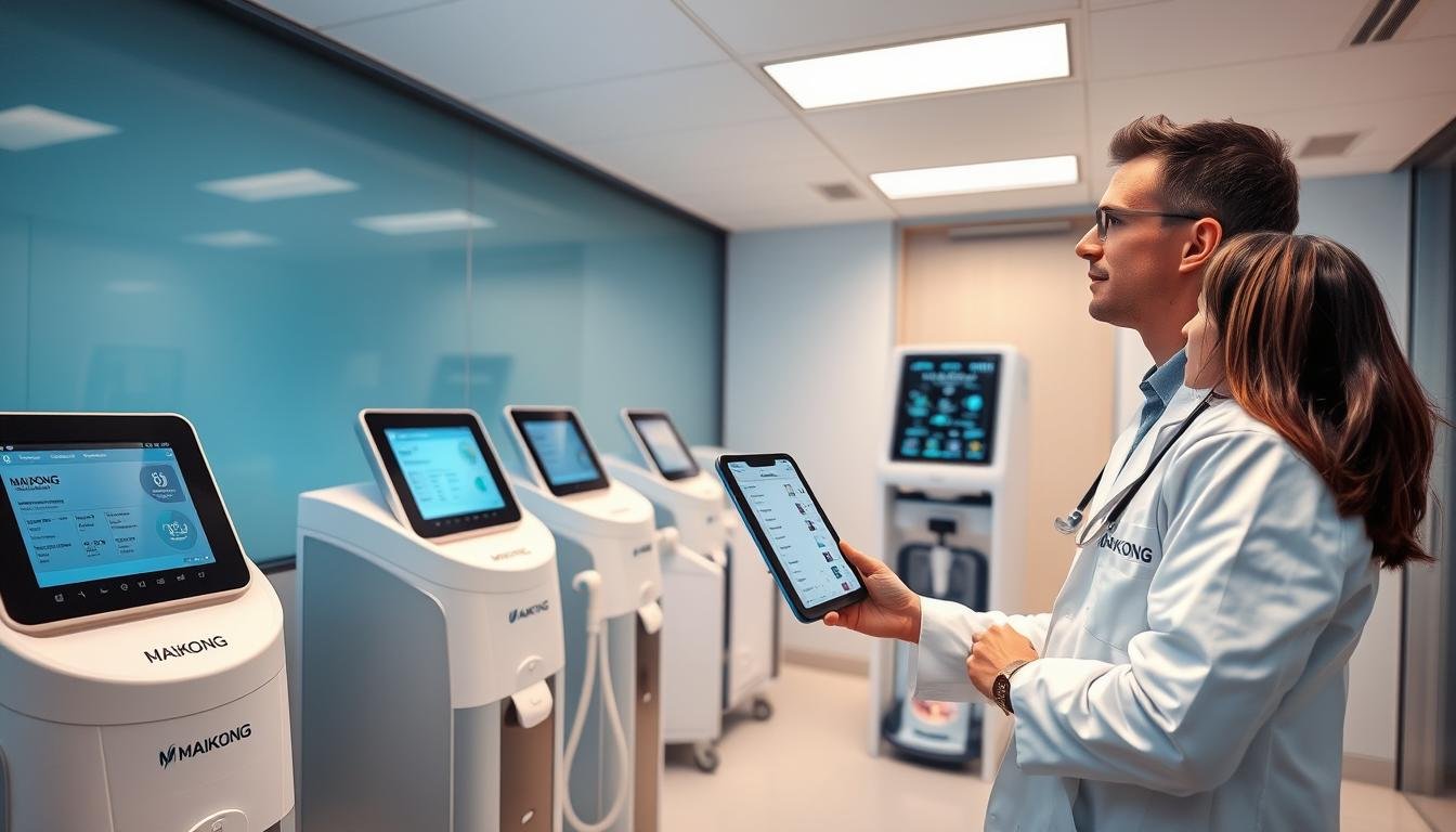 Profesional médico evaluando diferentes modelos de máquina para hidroterapia de colon