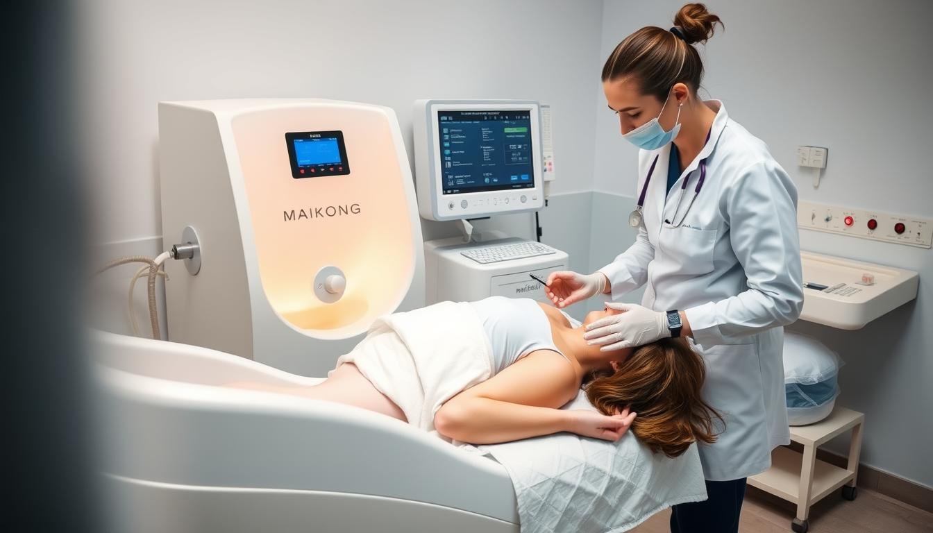 Profesional médico realizando un tratamiento de hidroterapia de colon con máquina MAIKONG Profesional médico realizando un tratamiento de hidroterapia de colon con máquina MAIKONG