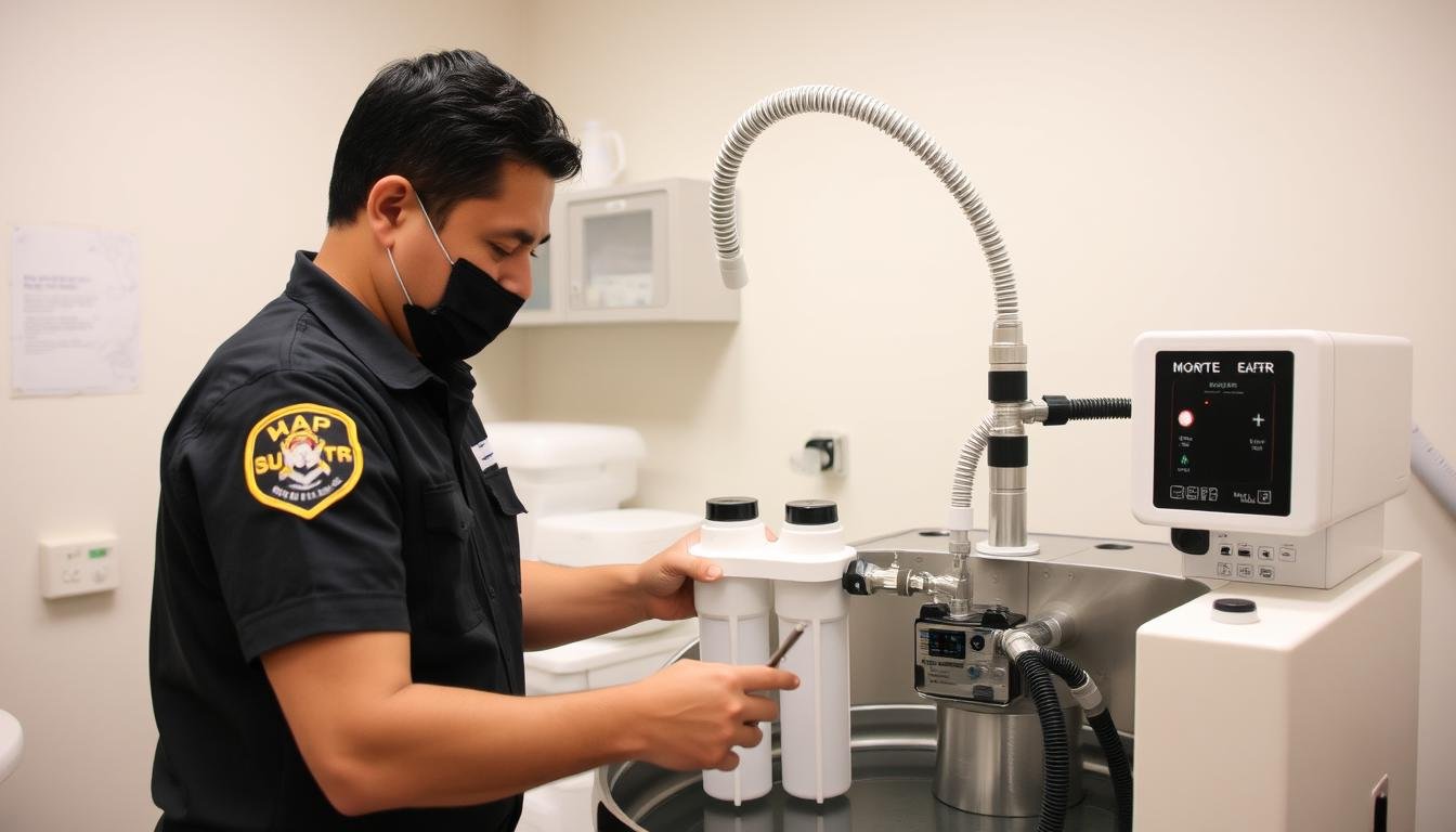 Profesional mexicano realizando mantenimiento a un equipo de hidroterapia de colon Profesional mexicano realizando mantenimiento a un equipo de hidroterapia de colon