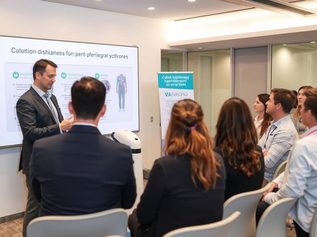 Representante de MAIKONG capacitando a nuevos distribuidores sobre la máquina para hidroterapia de colon Representante de MAIKONG capacitando a nuevos distribuidores sobre la máquina para hidroterapia de colon