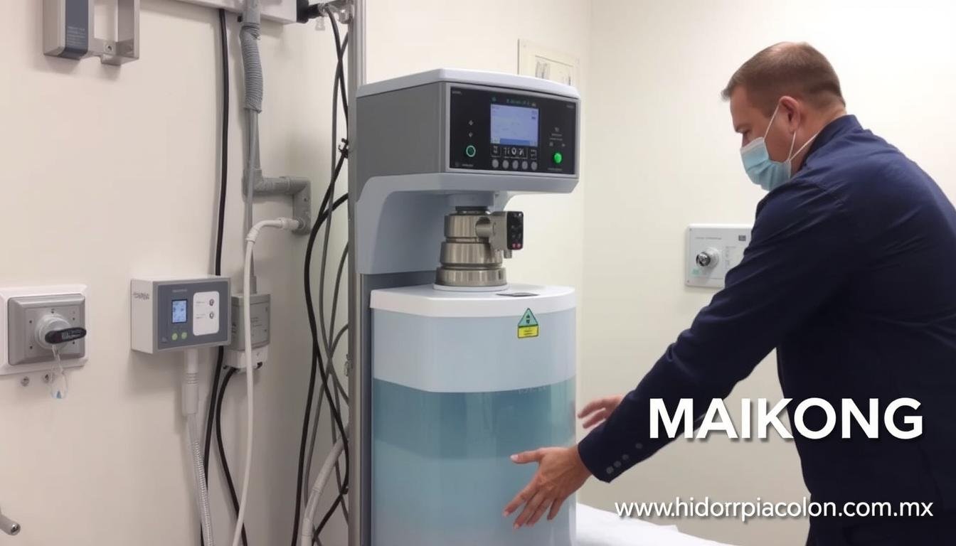 Técnico instalando máquina para hidroterapia de colon en hospital Técnico instalando máquina para hidroterapia de colon en hospital