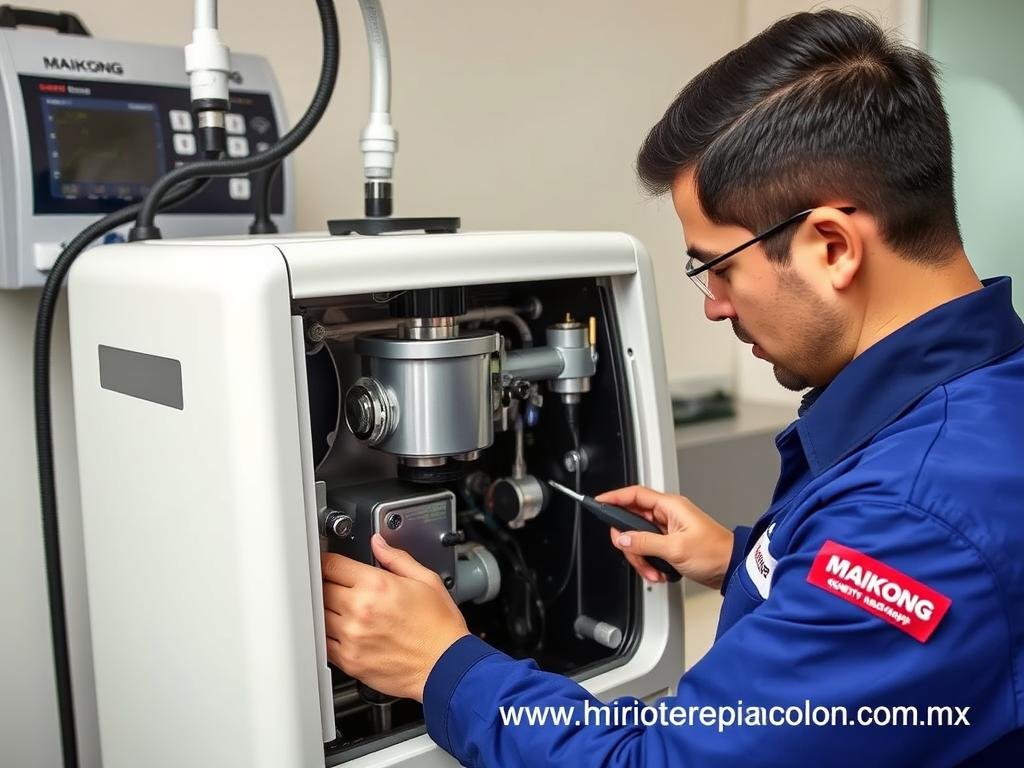 Técnico realizando mantenimiento a máquina para hidroterapia de colon MAIKONG