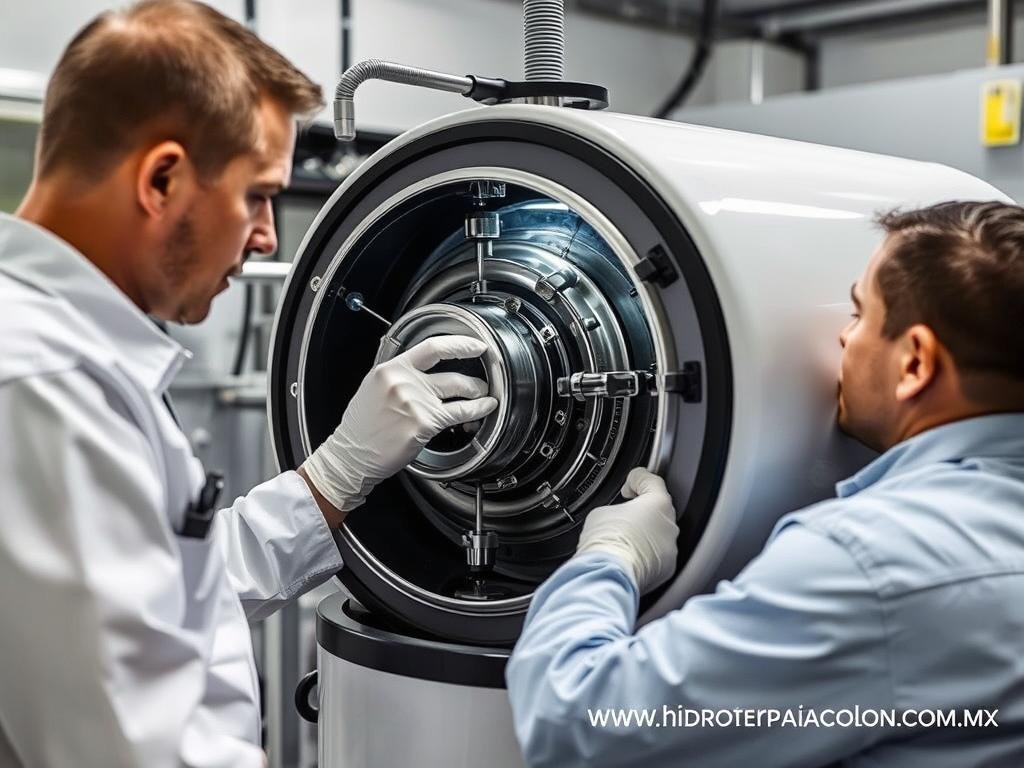 Técnico realizando mantenimiento preventivo a una máquina para hidroterapia de colon Técnico realizando mantenimiento preventivo a una máquina para hidroterapia de colon