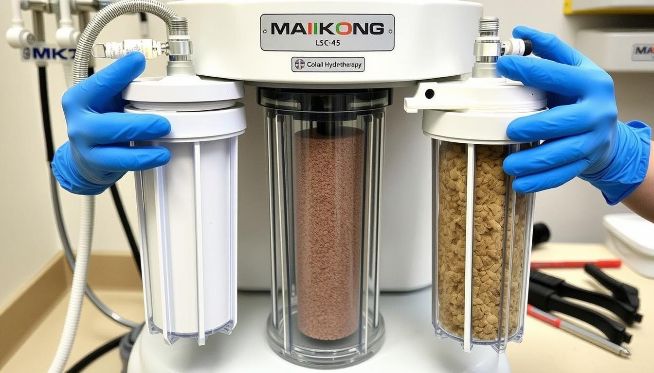 Técnico realizando mantenimiento semanal a los filtros de una Máquina para hidroterapia de colon MAIKONG Técnico realizando mantenimiento semanal a los filtros de una Máquina para hidroterapia de colon MAIKONG