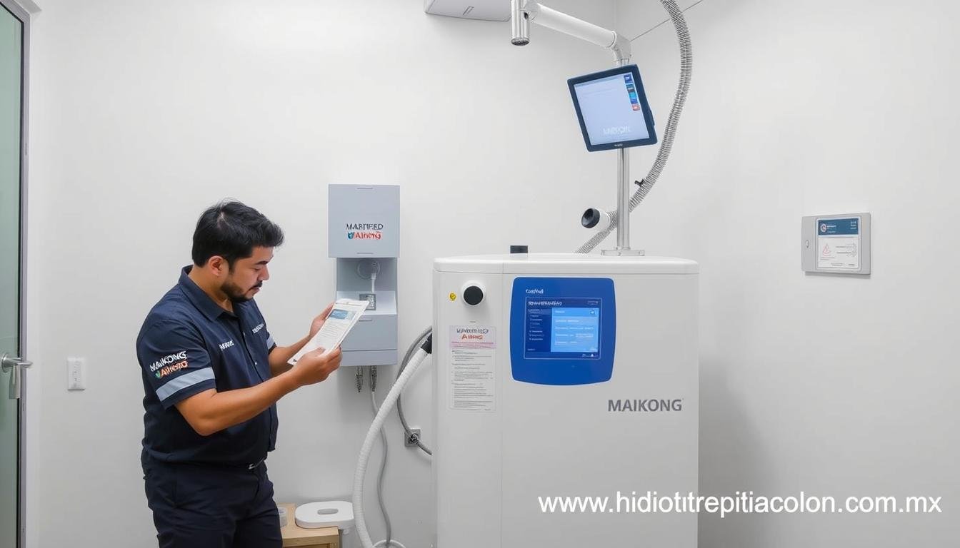 Técnicos certificados MAIKONG instalando máquina para hidroterapia de colon