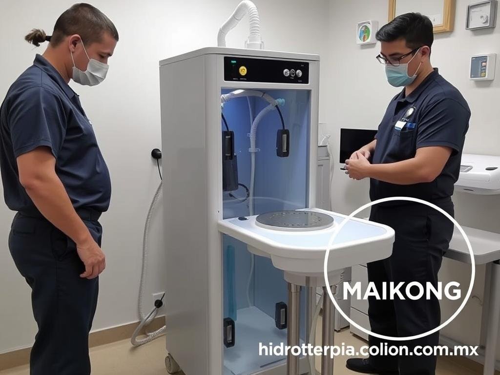 Equipo técnico de MAIKONG instalando una máquina para hidroterapia de colon
