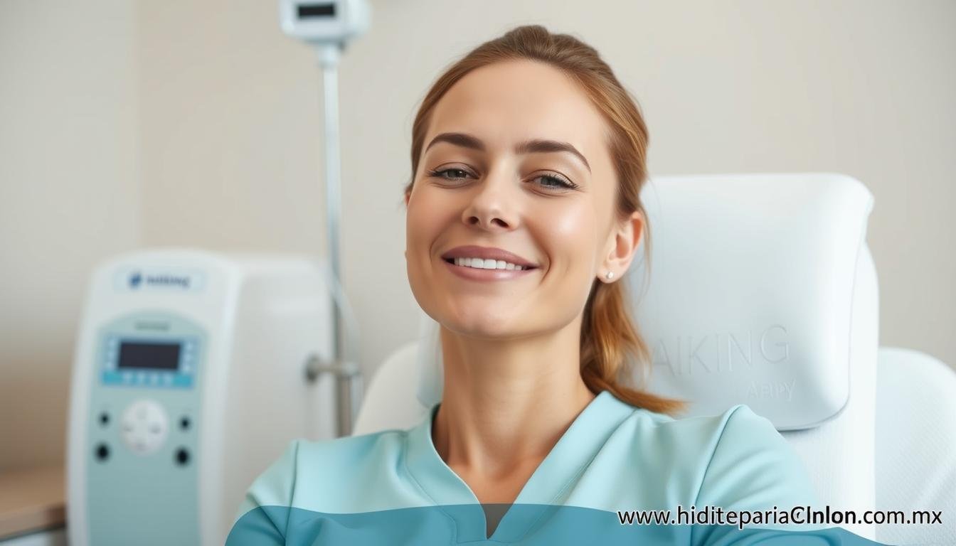 Mujer experimentando beneficios de hidroterapia de colon con máquina MAIKONG