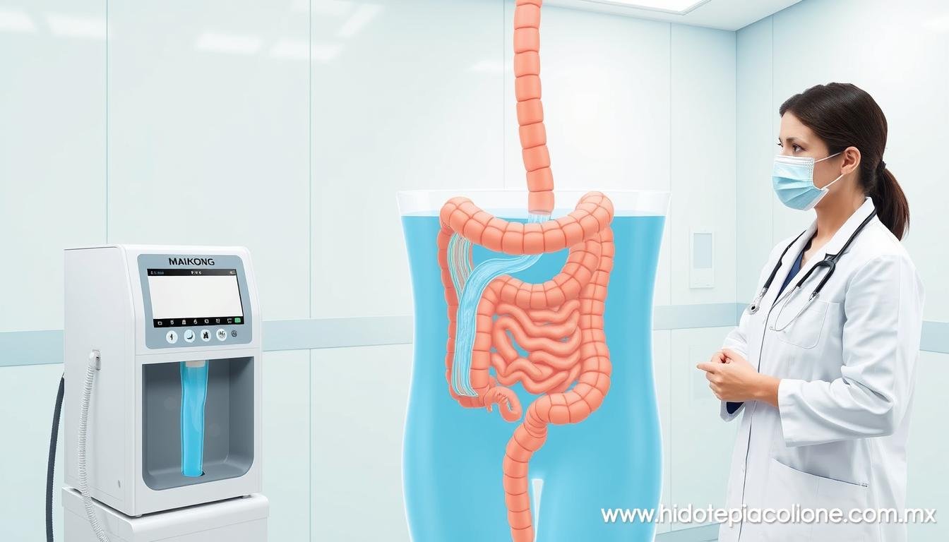 Proceso de hidroterapia de colon mostrando el equipo MAIKONG MK-880