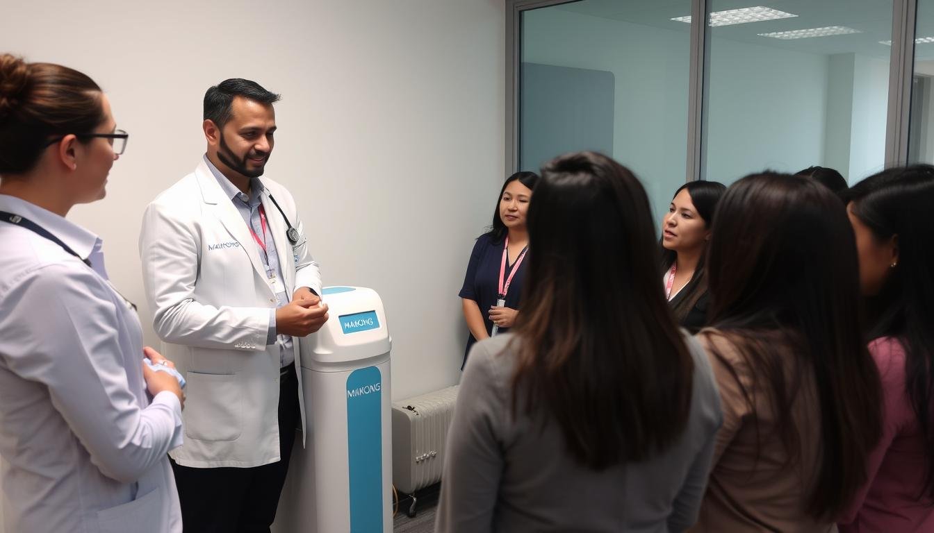 Representante de MAIKONG capacitando a profesionales en el uso del equipo