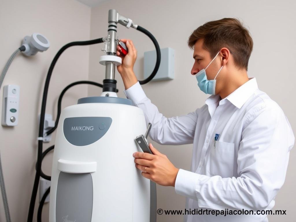 Técnico de MAIKONG instalando máquina para hidroterapia de colon