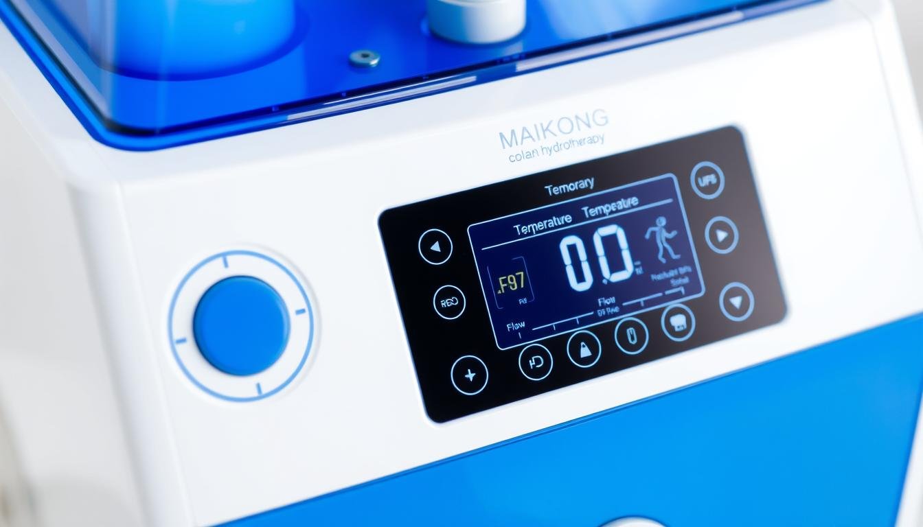 Panel de control del equipo de hidroterapia de colon satelite MAIKONG mostrando la interfaz táctil