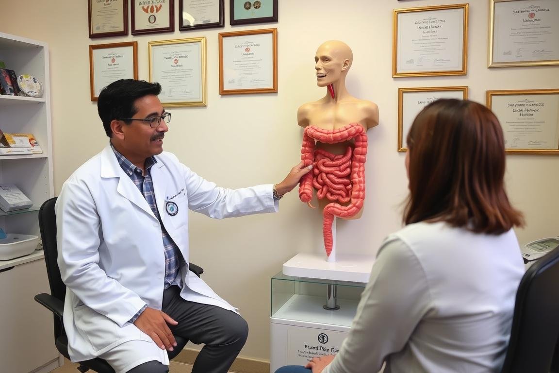 Profesional médico explicando el procedimiento de hidroterapia de colon a un paciente en San Pedro Garza Garcia